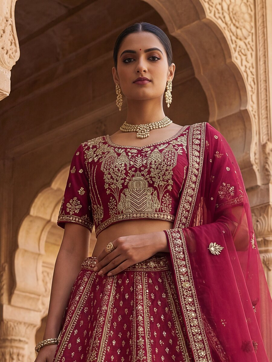 Rani Pink Silk Embroidery Sequins Zari Wedding Bridal Party Festival Heavy Border Lehenga Choli