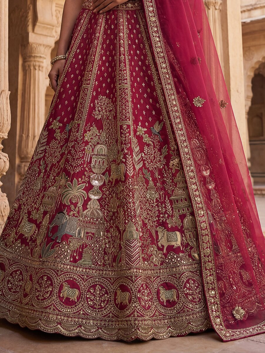 Rani Pink Silk Embroidery Sequins Zari Wedding Bridal Party Festival Heavy Border Lehenga Choli