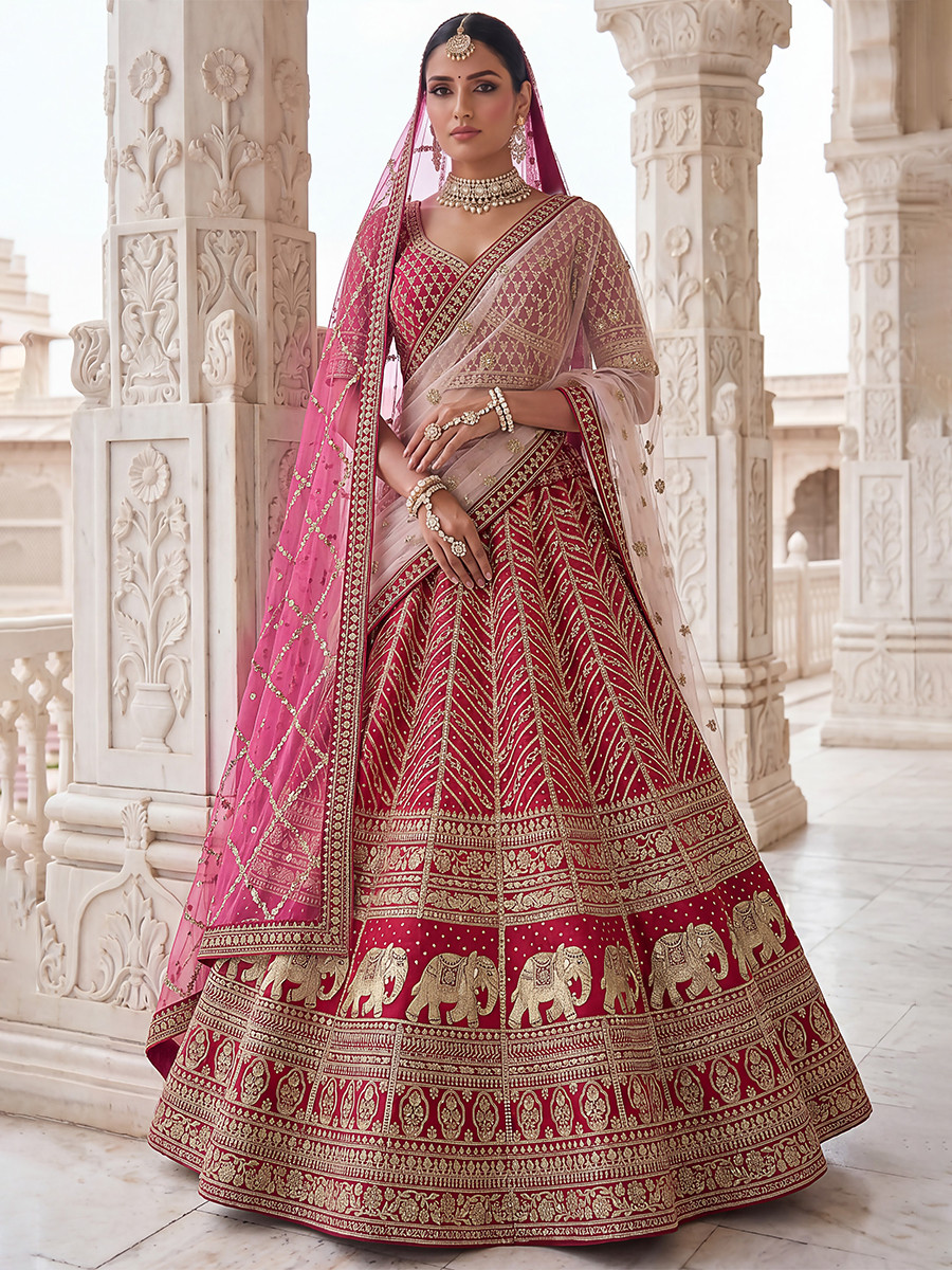 Rani Pink Silk Embroidery Sequins Zari Wedding Reception Party Festival Heavy Border Lehenga Choli