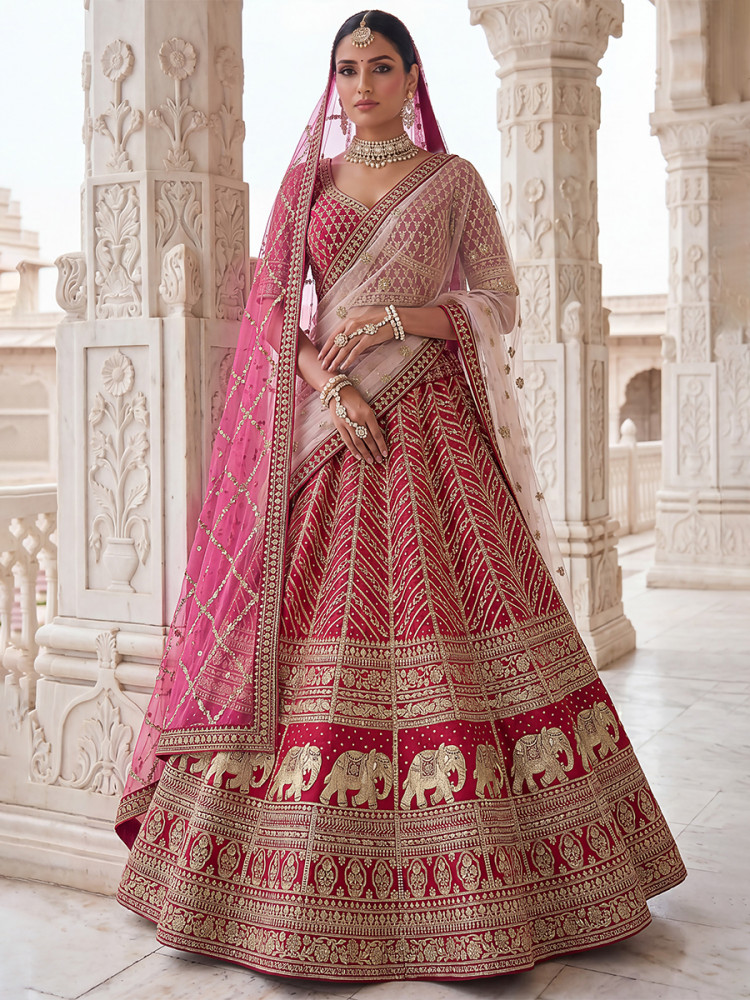 Image of Rani Pink Silk Embroidery Sequins Zari Wedding Reception Party Festival Heavy Border Lehenga Choli