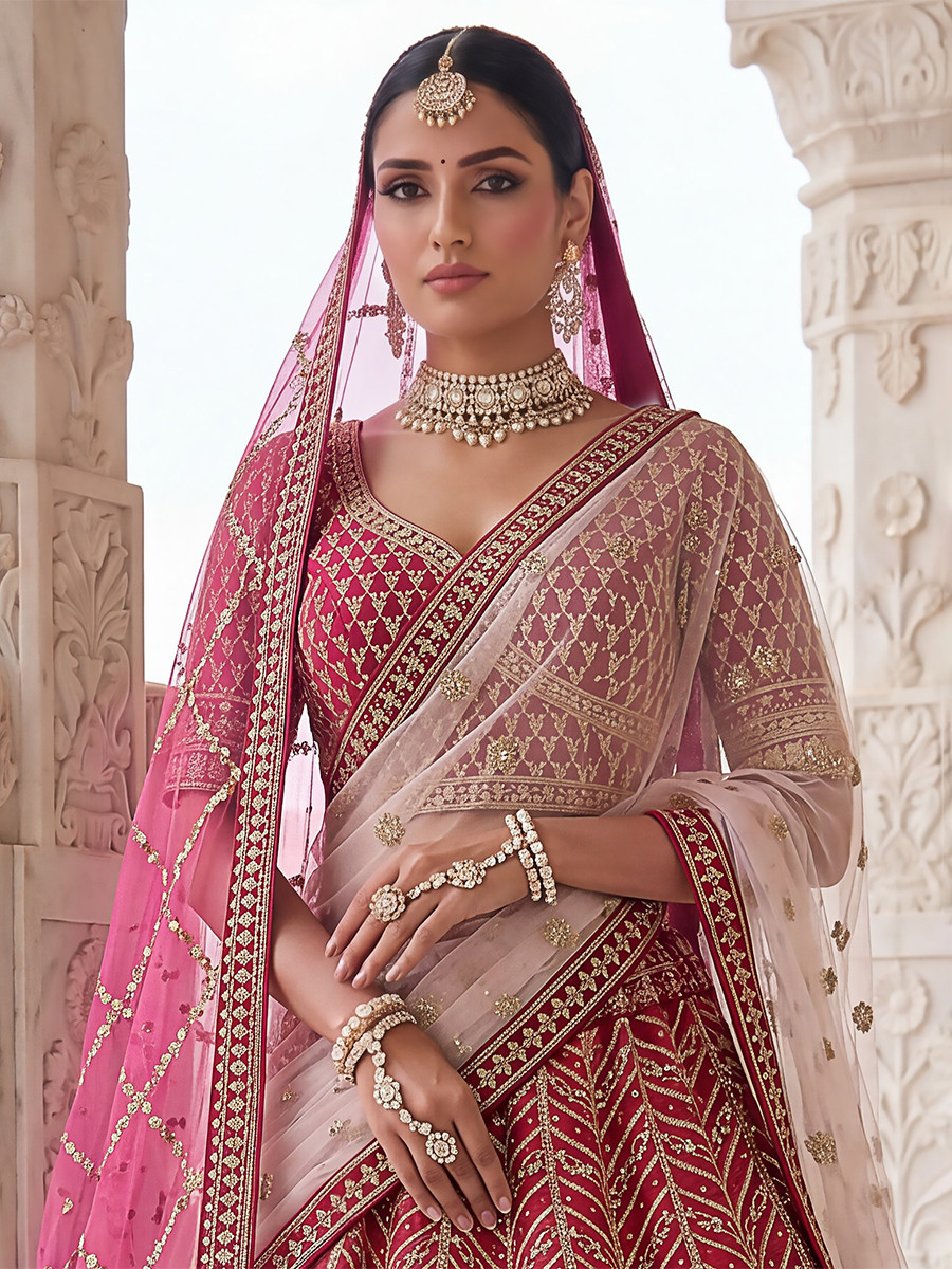 Rani Pink Silk Embroidery Sequins Zari Wedding Reception Party Festival Heavy Border Lehenga Choli