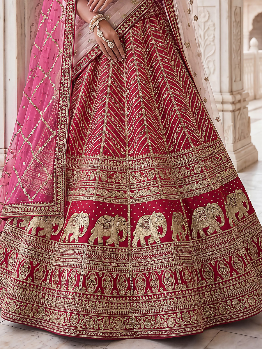 Rani Pink Silk Embroidery Sequins Zari Wedding Reception Party Festival Heavy Border Lehenga Choli