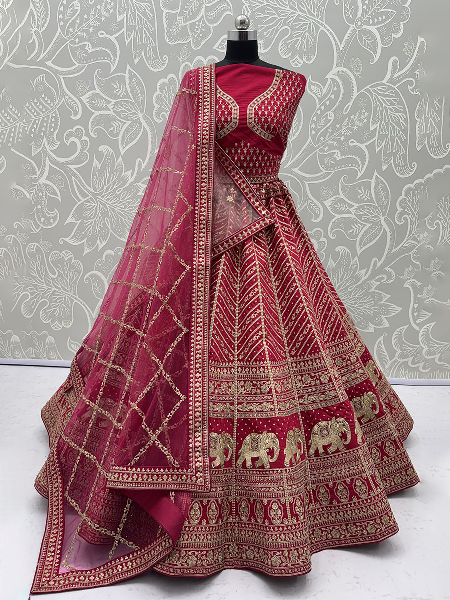 Rani Pink Silk Embroidery Sequins Zari Wedding Reception Party Festival Heavy Border Lehenga Choli