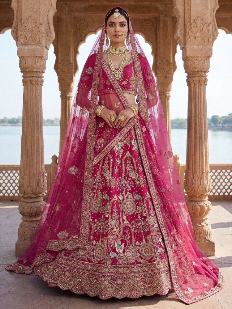 Image of Rani Pink Silk Embroidery Sequins Zari Zardosi Resham Thread Wedding Reception Party Festival Bridal Heavy Border Lehenga Choli