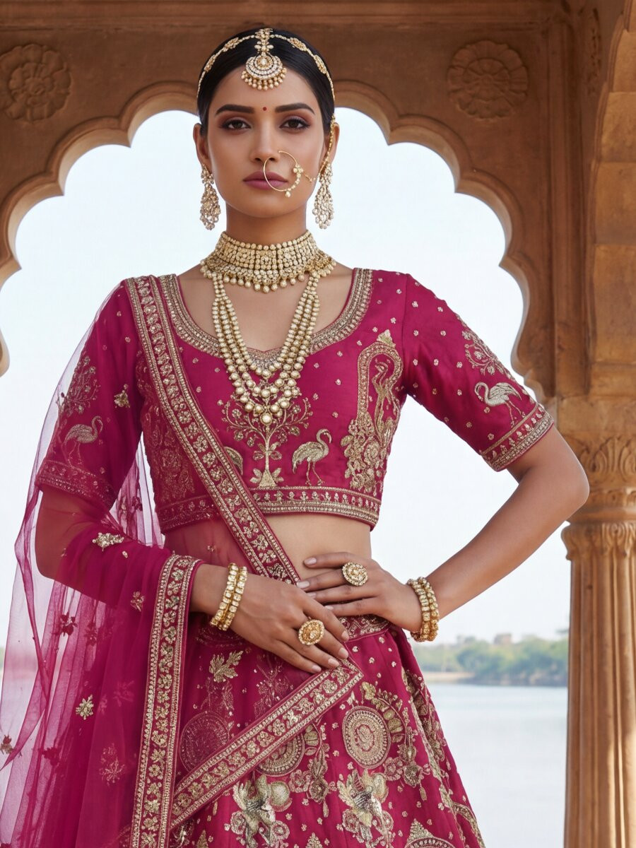 Rani Pink Silk Embroidery Sequins Zari Zardosi Resham Thread Wedding Reception Party Festival Bridal Heavy Border Lehenga Choli