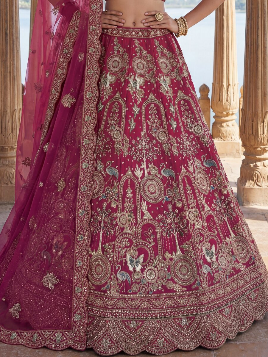 Rani Pink Silk Embroidery Sequins Zari Zardosi Resham Thread Wedding Reception Party Festival Bridal Heavy Border Lehenga Choli