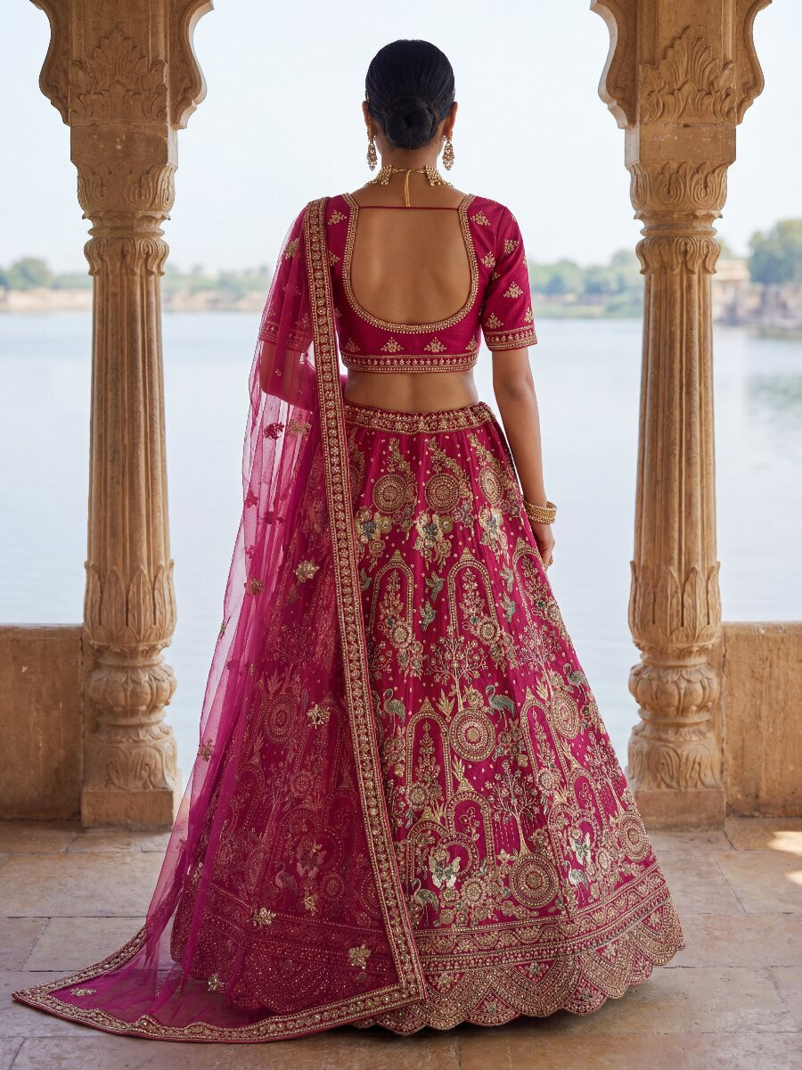 Rani Pink Silk Embroidery Sequins Zari Zardosi Resham Thread Wedding Reception Party Festival Bridal Heavy Border Lehenga Choli