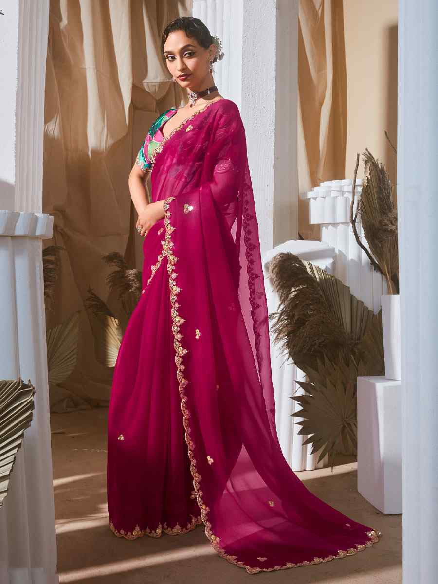 Rani pink Silk Embroidery Traditional Bridal Reception Festival Wedding Fancy Heavy Border Saree