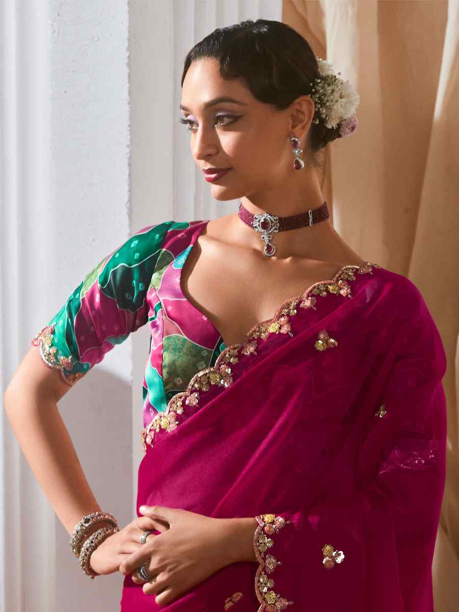 Rani pink Silk Embroidery Traditional Bridal Reception Festival Wedding Fancy Heavy Border Saree