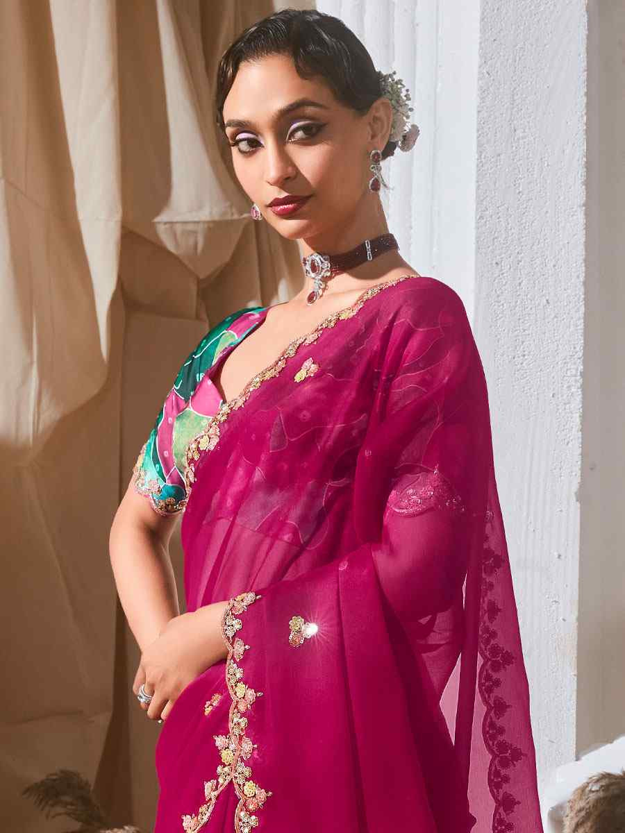 Rani pink Silk Embroidery Traditional Bridal Reception Festival Wedding Fancy Heavy Border Saree