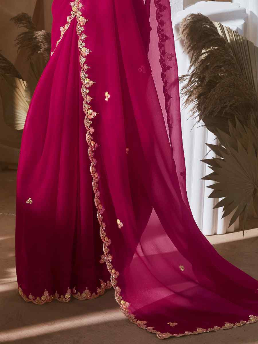 Rani pink Silk Embroidery Traditional Bridal Reception Festival Wedding Fancy Heavy Border Saree