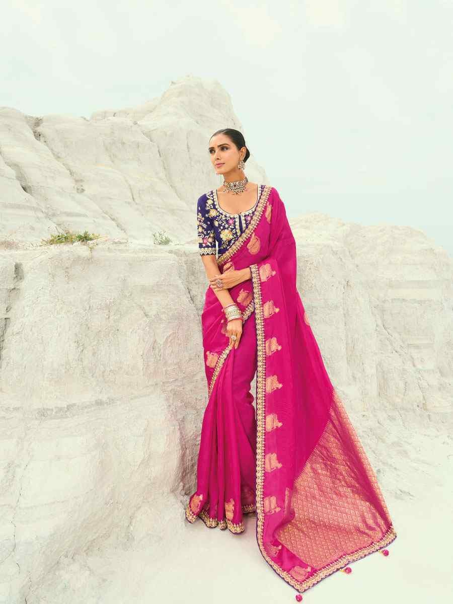 Rani Pink Silk Embroidery Traditional Bridal Reception Festival Wedding Fancy Heavy Border Saree