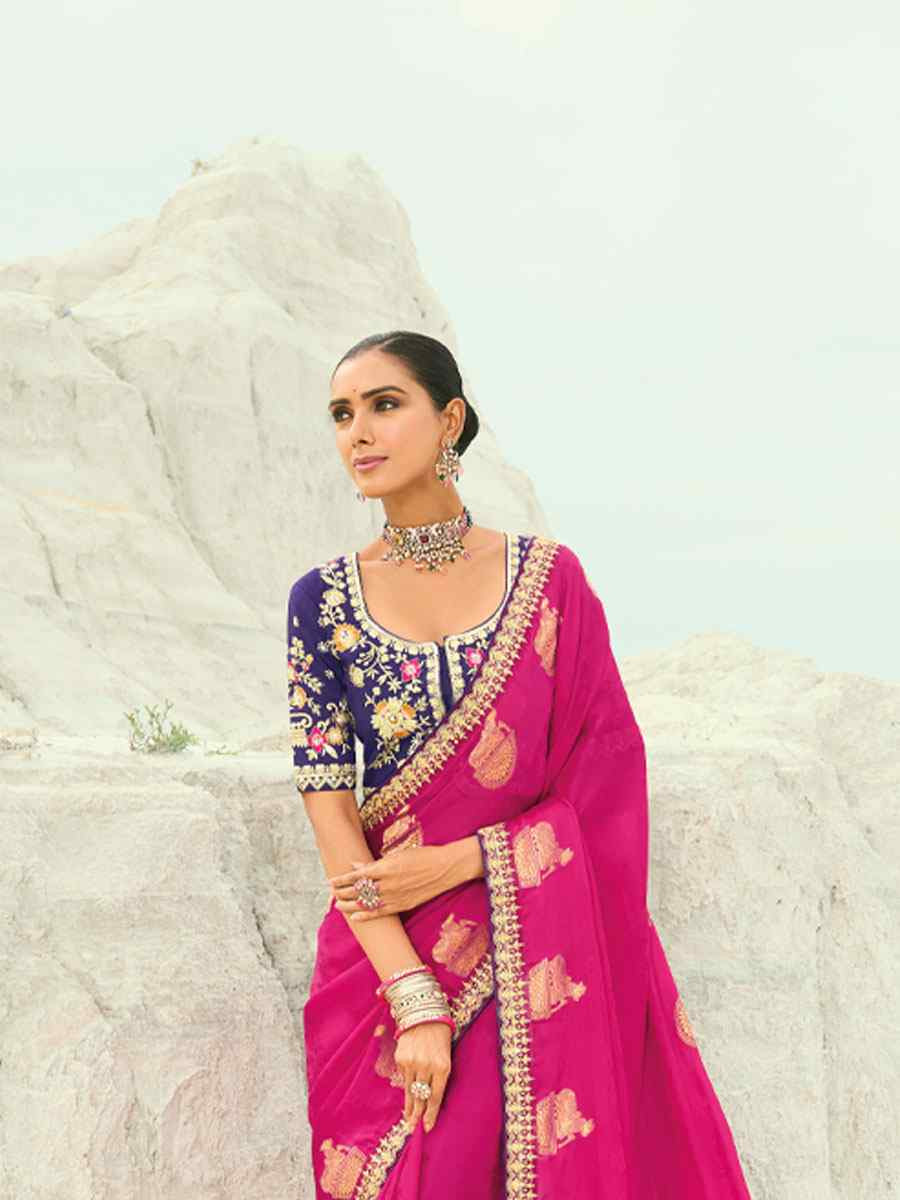 Rani Pink Silk Embroidery Traditional Bridal Reception Festival Wedding Fancy Heavy Border Saree