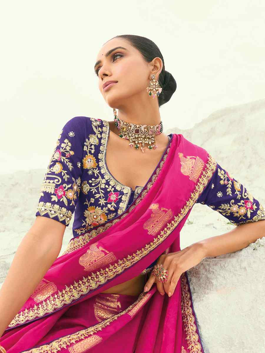 Rani Pink Silk Embroidery Traditional Bridal Reception Festival Wedding Fancy Heavy Border Saree