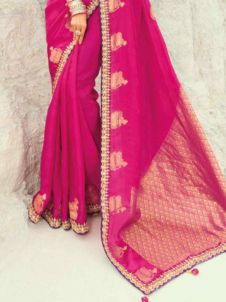 Rani Pink Silk Embroidery Traditional Bridal Reception Festival Wedding Fancy Heavy Border Saree