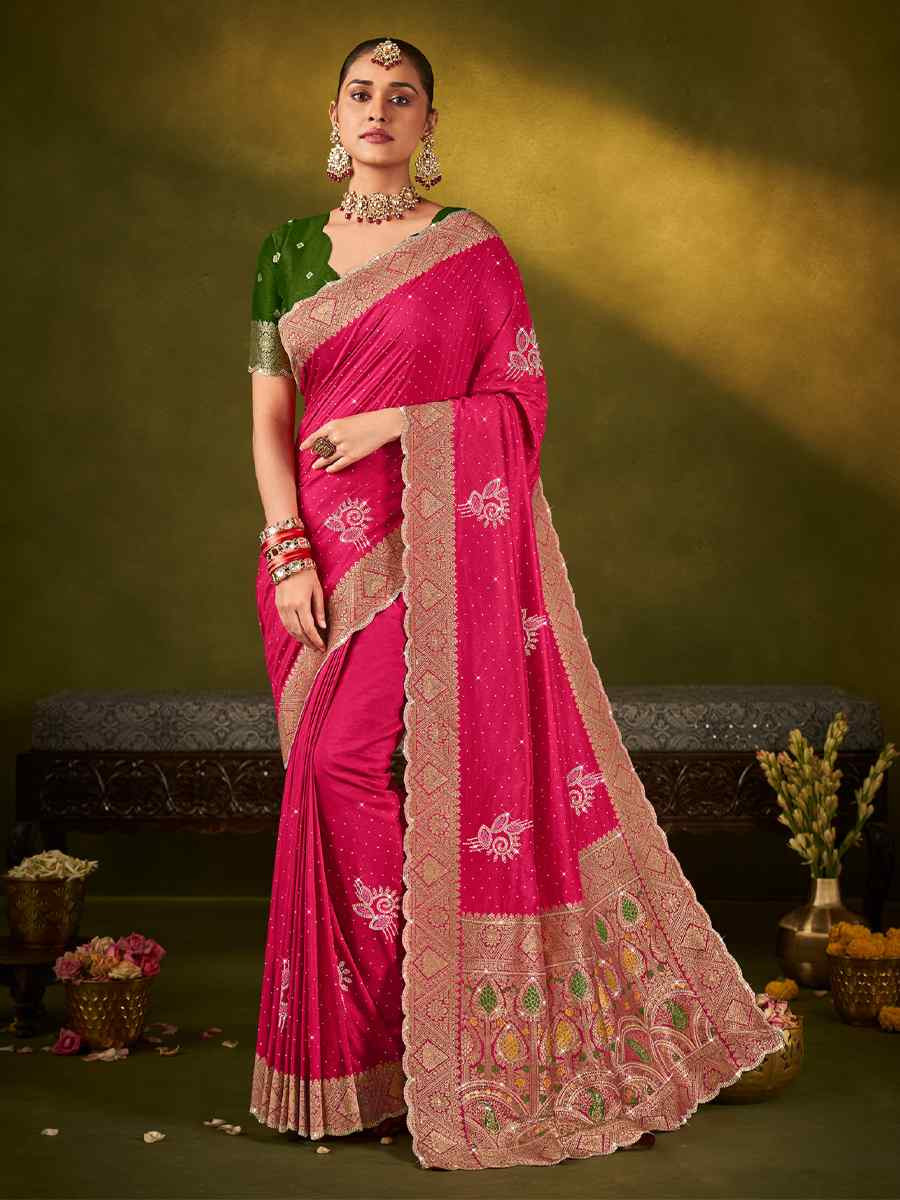 Rani Pink Silk Handwoven Bridal Reception Festival Wedding Fancy Heavy Border Saree