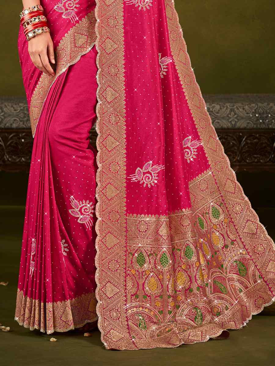 Rani Pink Silk Handwoven Bridal Reception Festival Wedding Fancy Heavy Border Saree