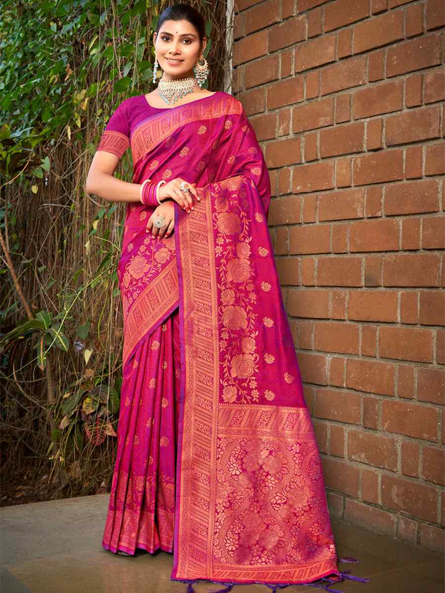 Rani Pink Silk Handwoven Wedding Festival Heavy Border Saree