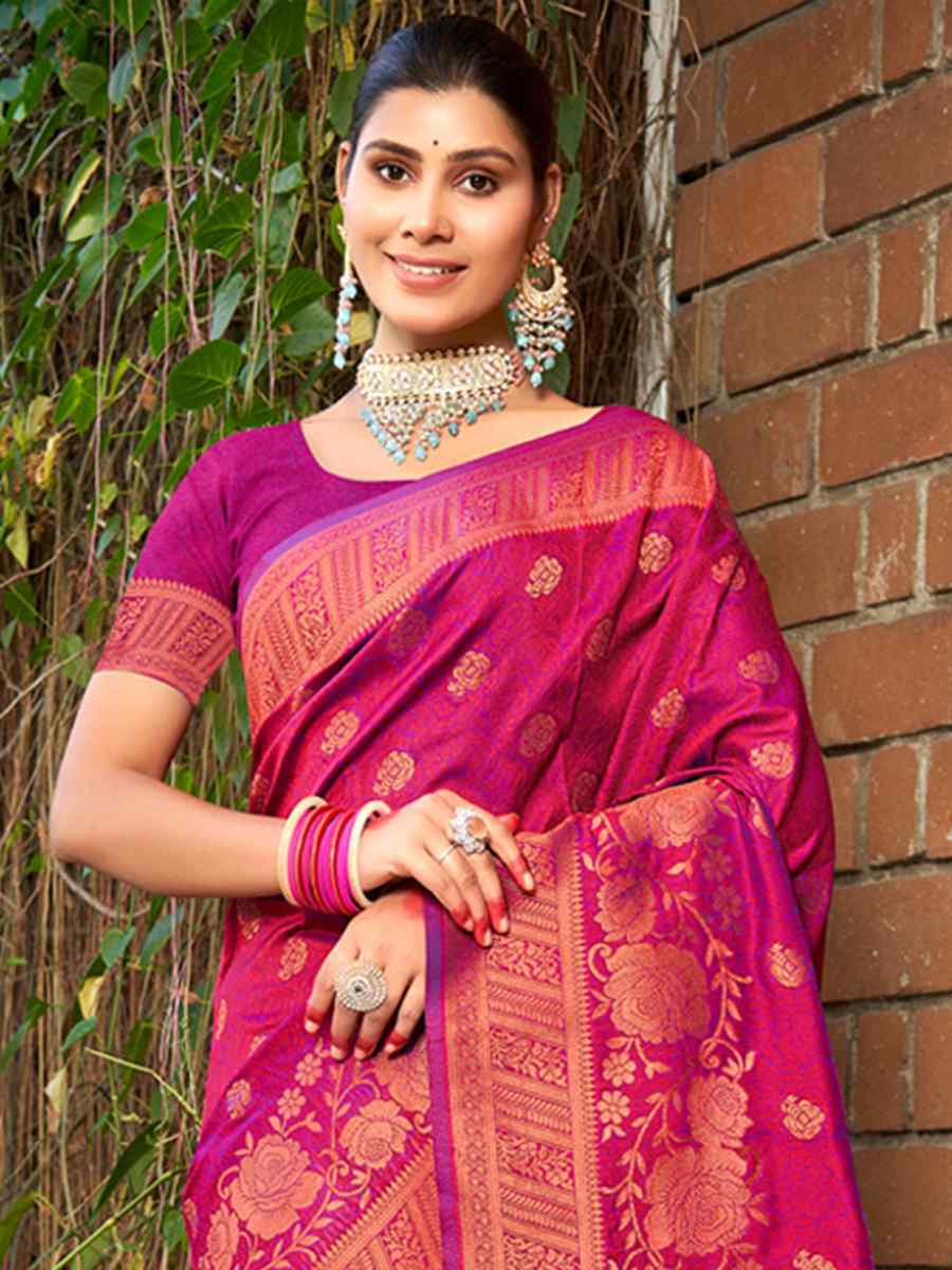 Rani Pink Silk Handwoven Wedding Festival Heavy Border Saree