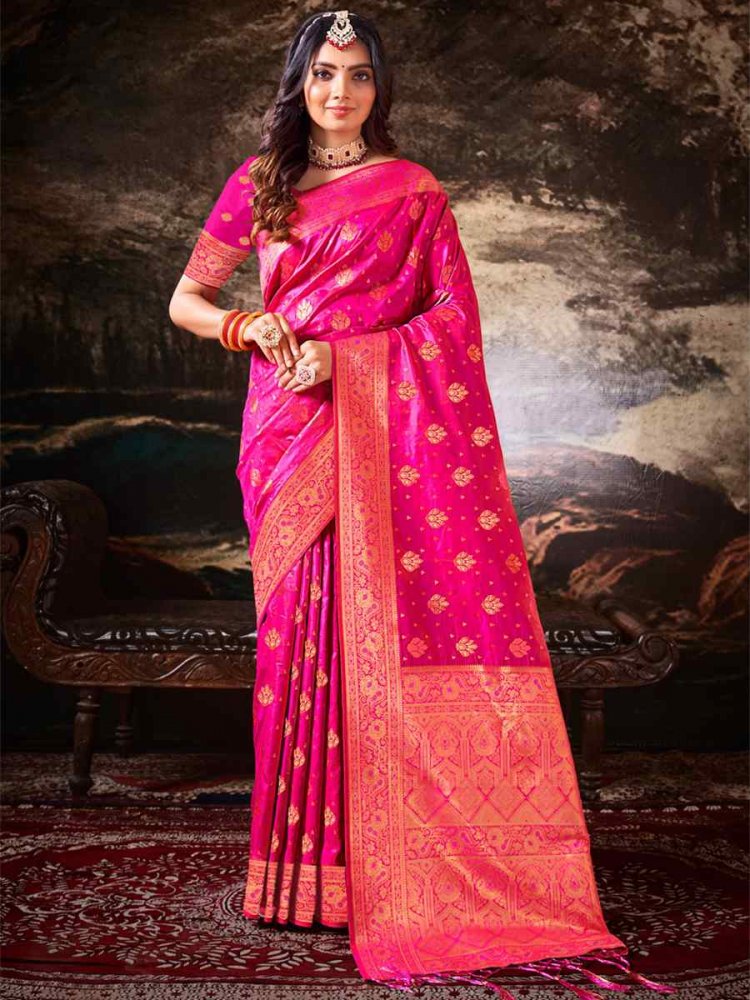 Rani Pink Silk Handwoven Wedding Festival Heavy Border Saree