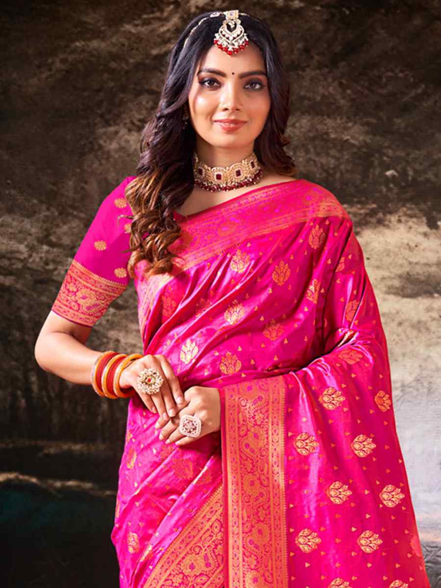 Rani Pink Silk Handwoven Wedding Festival Heavy Border Saree