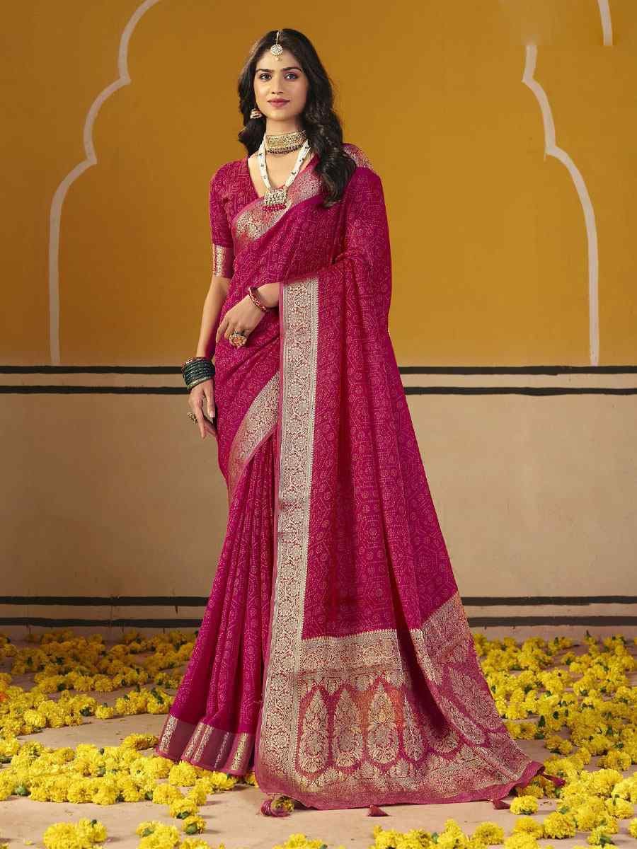 Rani Pink Silk Printed Handwoven Casual Reception Festival Wedding Fancy Classic Style Sarees