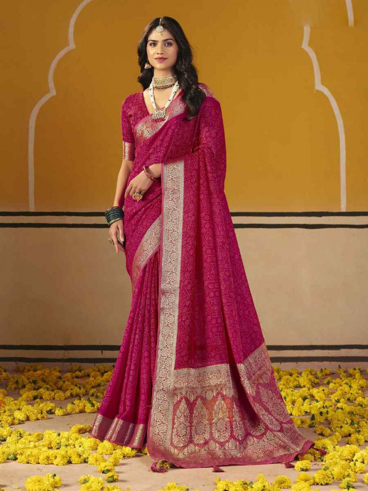 Image of Rani Pink Silk Printed Handwoven Casual Reception Festival Wedding Fancy Classic Style Sarees