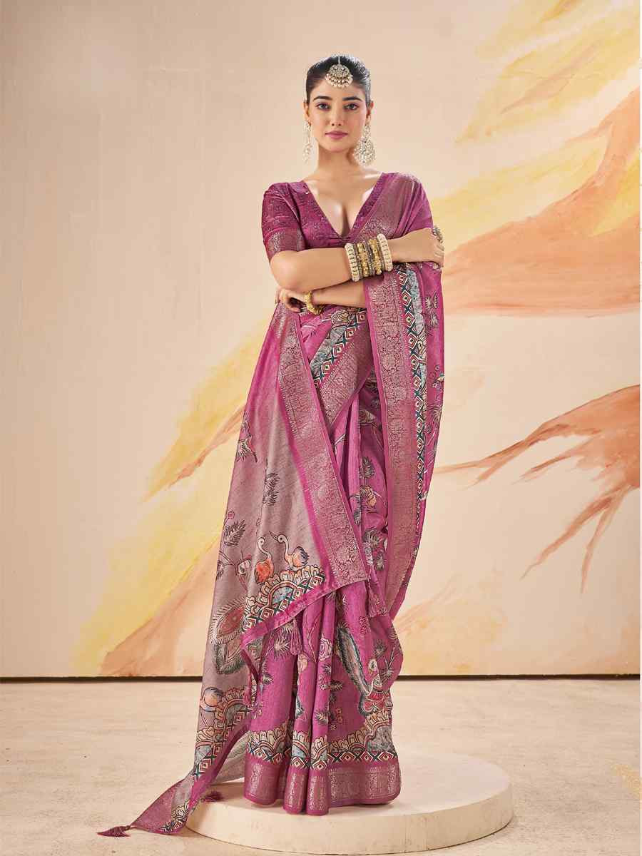 Rani Pink Silk Printed Handwoven Traditional Bridal Reception Festival Wedding Fancy Classic Style Sarees