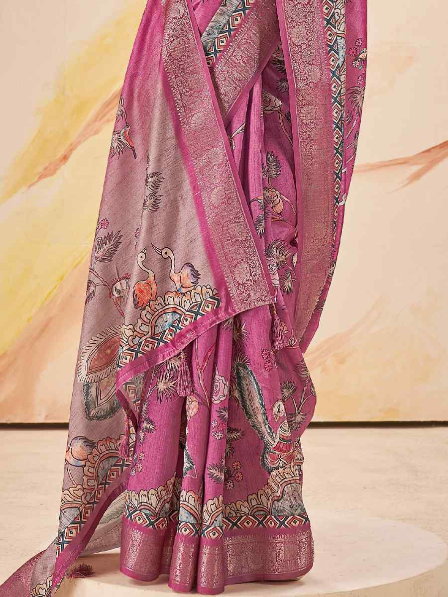 Rani Pink Silk Printed Handwoven Traditional Bridal Reception Festival Wedding Fancy Classic Style Sarees