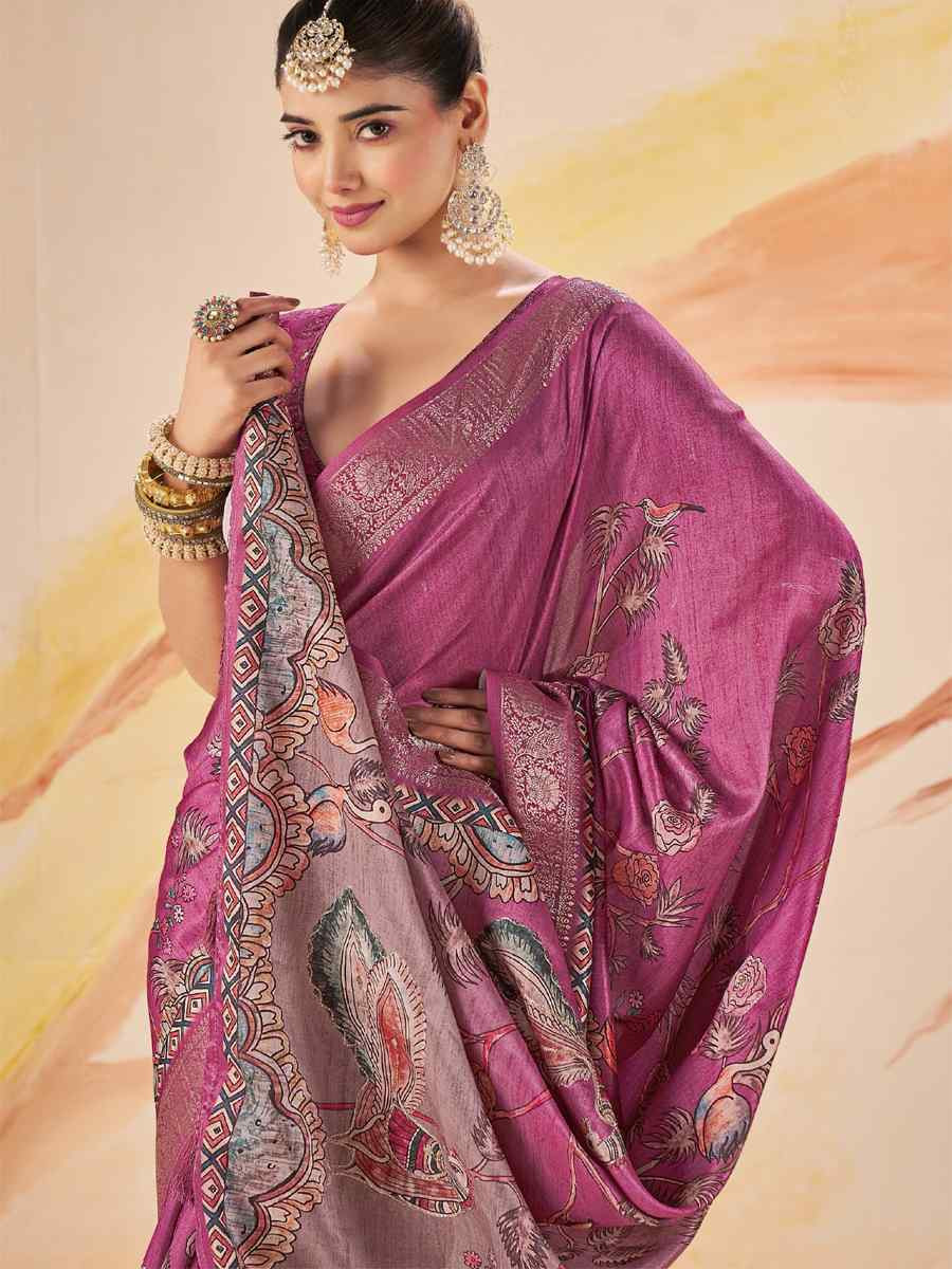 Rani Pink Silk Printed Handwoven Traditional Bridal Reception Festival Wedding Fancy Classic Style Sarees