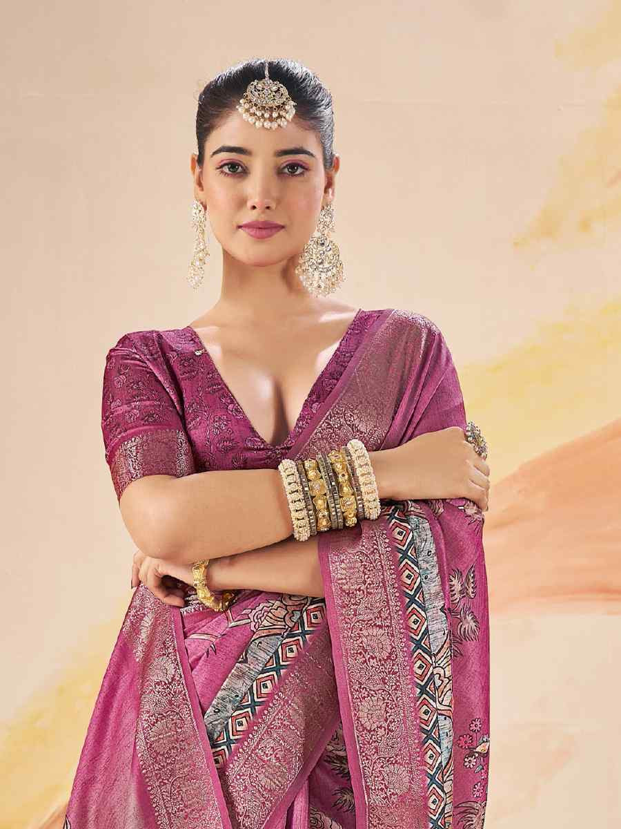 Rani Pink Silk Printed Handwoven Traditional Bridal Reception Festival Wedding Fancy Classic Style Sarees