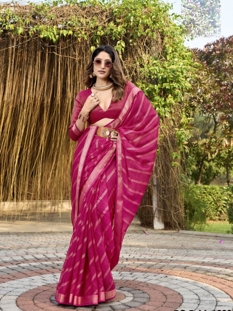 Image of Rani Pink Silk Printed Wedding Reception Party Festival Casual Heavy Border Sarees
