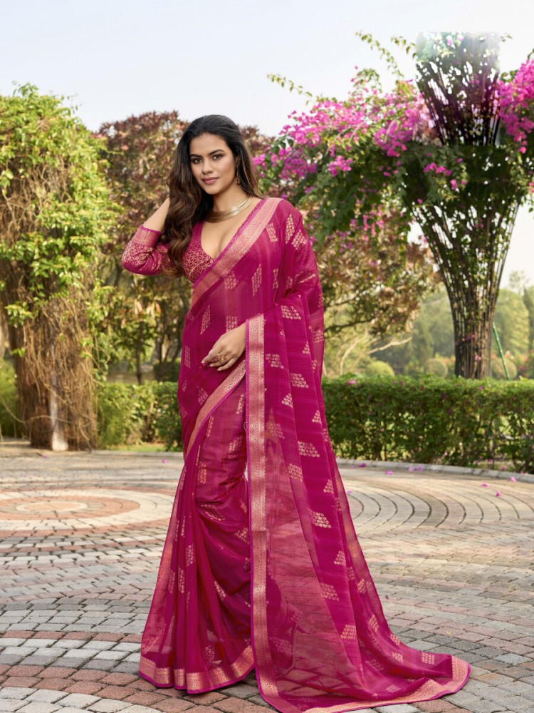 Image of Rani Pink Silk Printed Wedding Reception Party Festival Casual Heavy Border Sarees