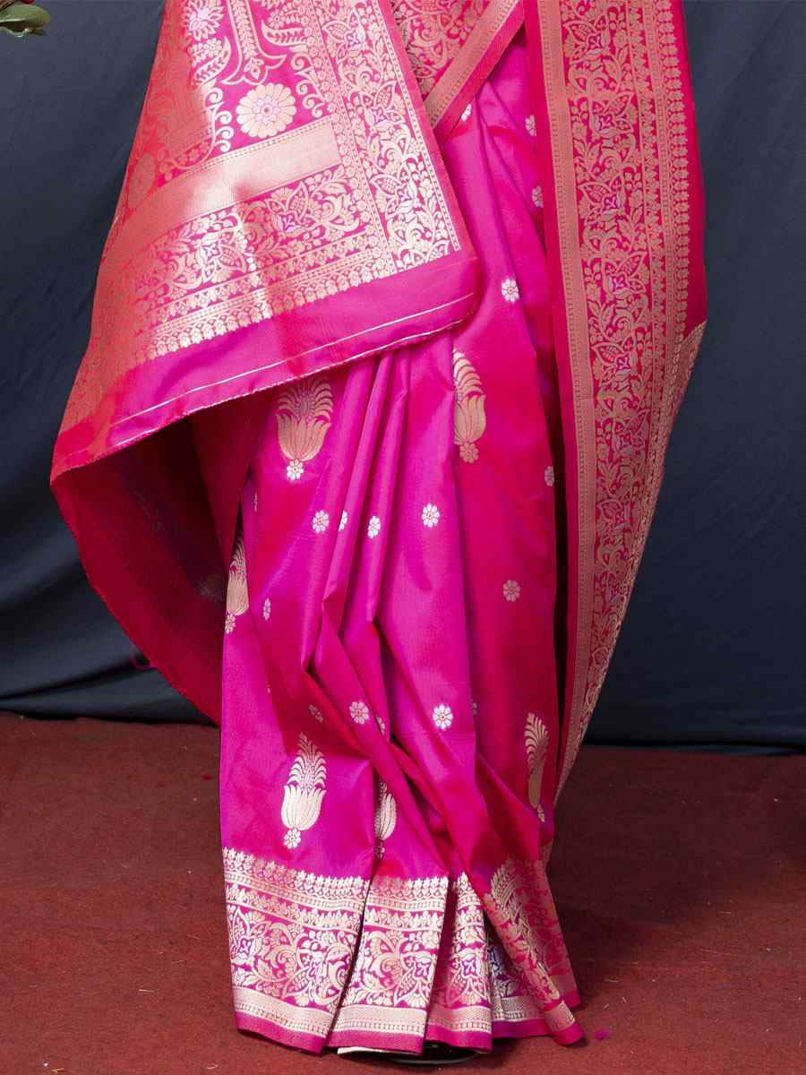 Rani Pink Soft Banarasi Silk Handwoven Wedding Festival Heavy Border Saree