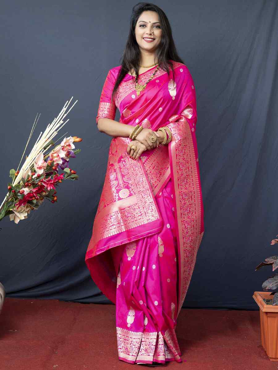 Rani Pink Soft Banarasi Silk Handwoven Wedding Festival Heavy Border Saree