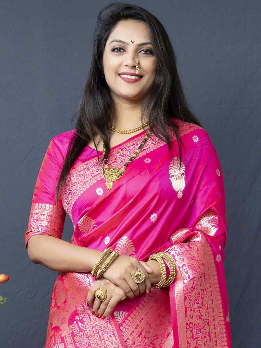 Rani Pink Soft Banarasi Silk Handwoven Wedding Festival Heavy Border Saree