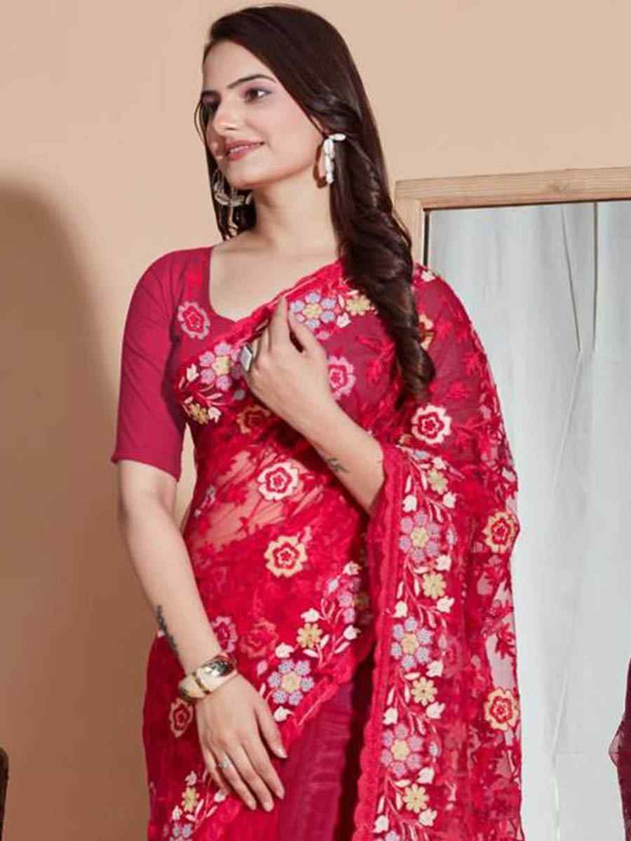 Rani Pink Soft Butterfly Net Embroidery Party Reception Heavy Border Saree