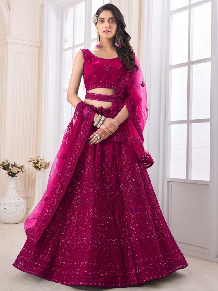 Rani Pink Soft Net Embroidered Engagement Wedding Heavy Border Lehenga Choli
