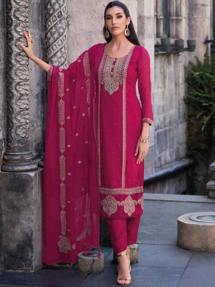 Rani Pink Soft Organza Embroidered Festival Party Ready Pant Salwar Kameez