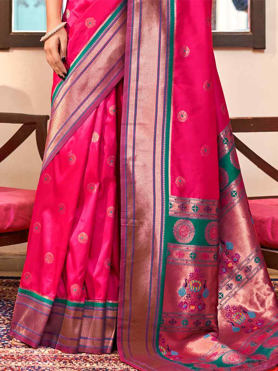 Rani Pink Soft Paithani Silk Handwoven Wedding Festival Heavy Border Saree