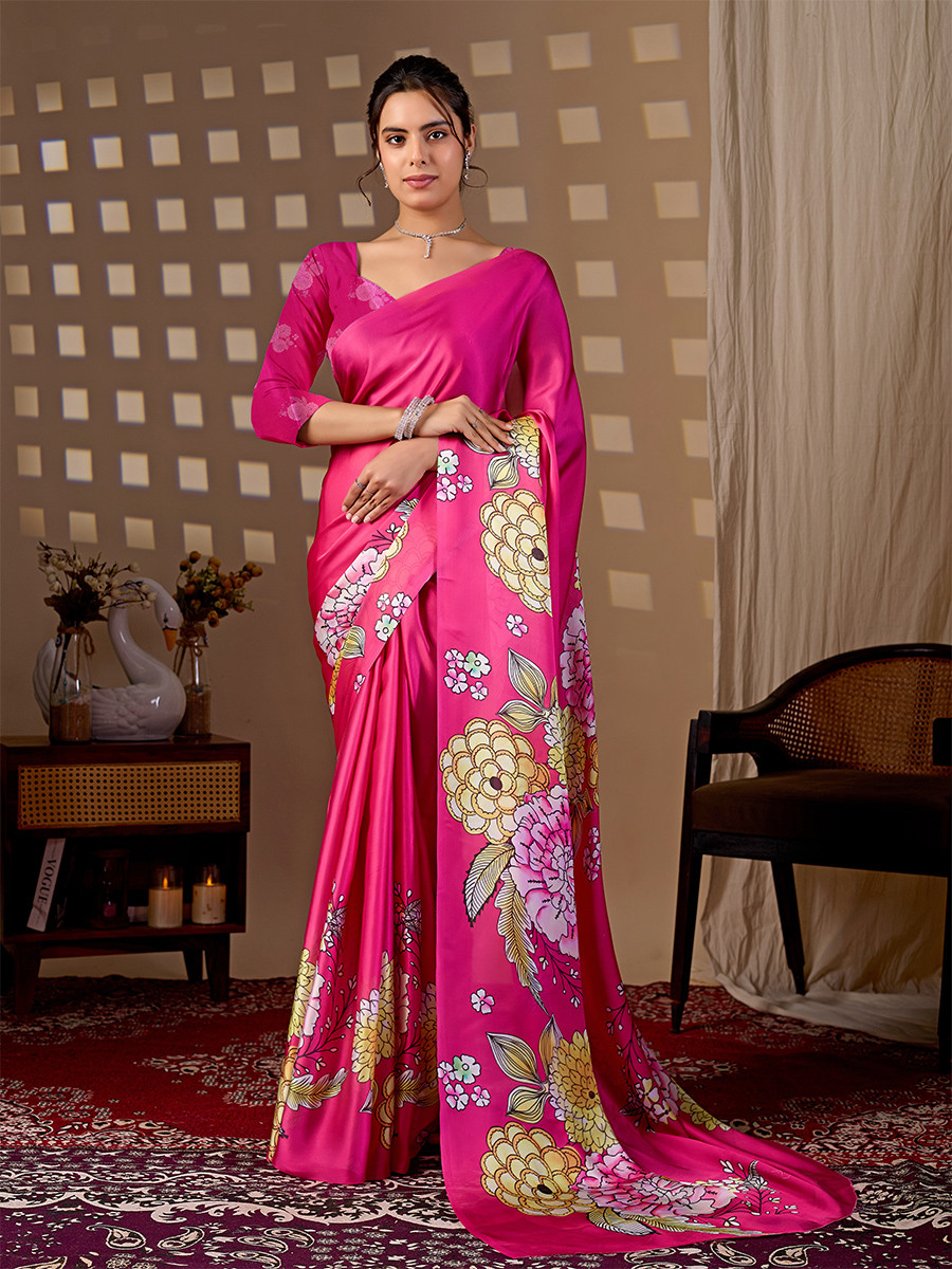 Rani Pink Soft Satin Georgette Printed Wedding Reception Party Festival Casual Heavy Border Sarees