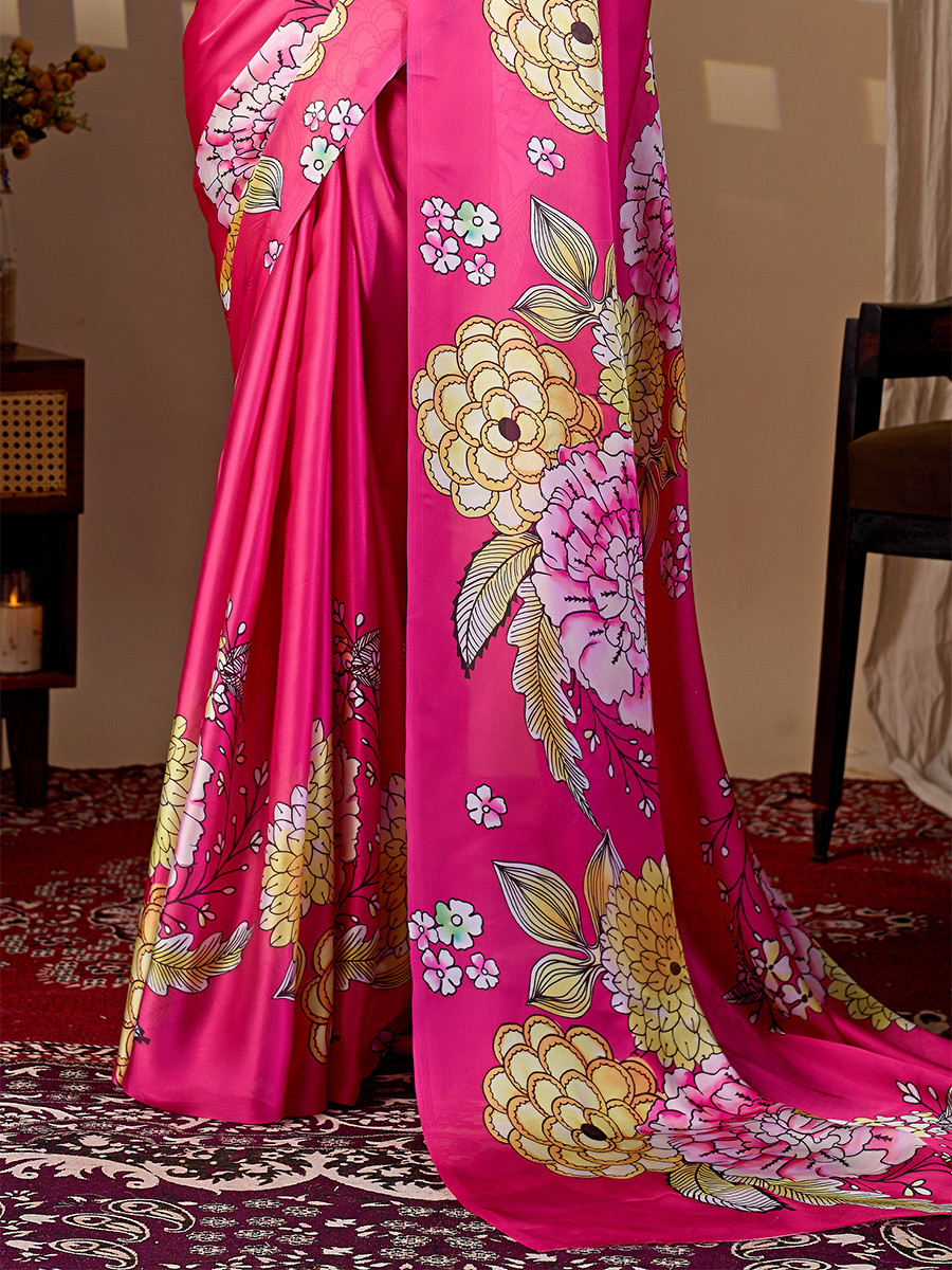 Rani Pink Soft Satin Georgette Printed Wedding Reception Party Festival Casual Heavy Border Sarees