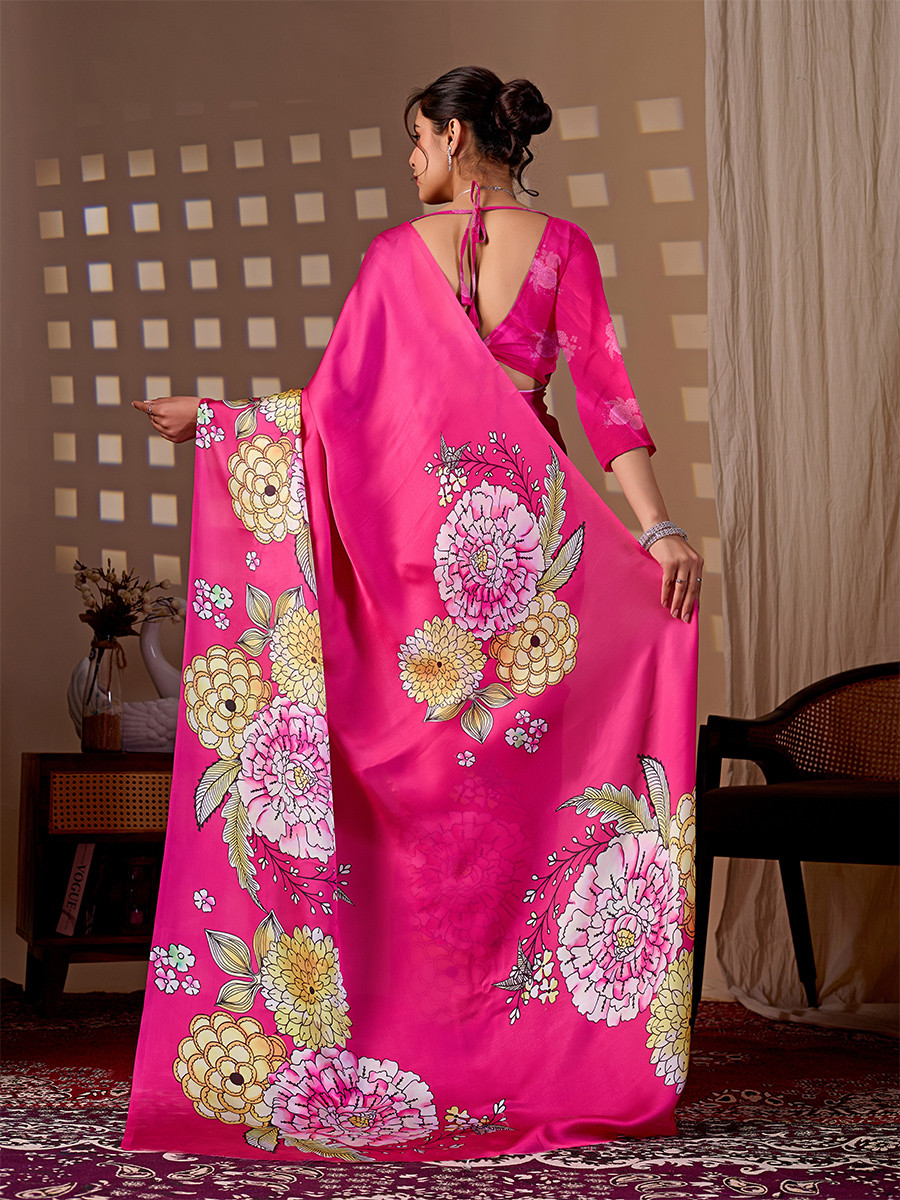 Rani Pink Soft Satin Georgette Printed Wedding Reception Party Festival Casual Heavy Border Sarees