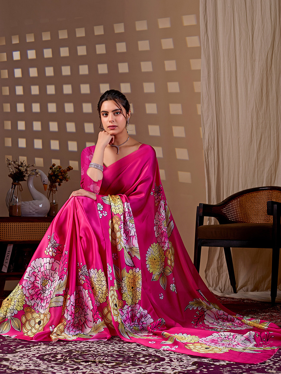 Rani Pink Soft Satin Georgette Printed Wedding Reception Party Festival Casual Heavy Border Sarees