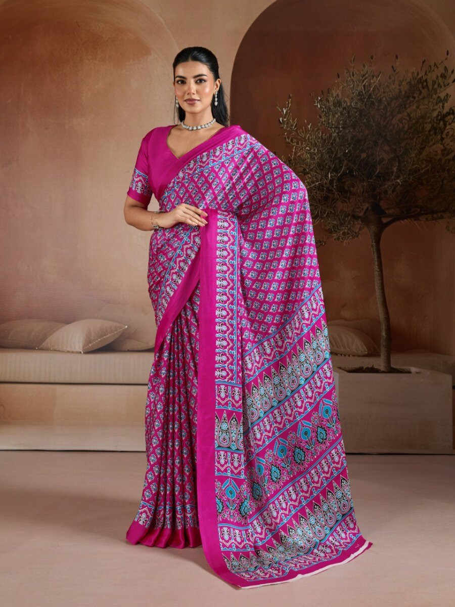 Rani Pink Soft Satin Georgette Printed Wedding Reception Party Festival Casual Heavy Border Sarees