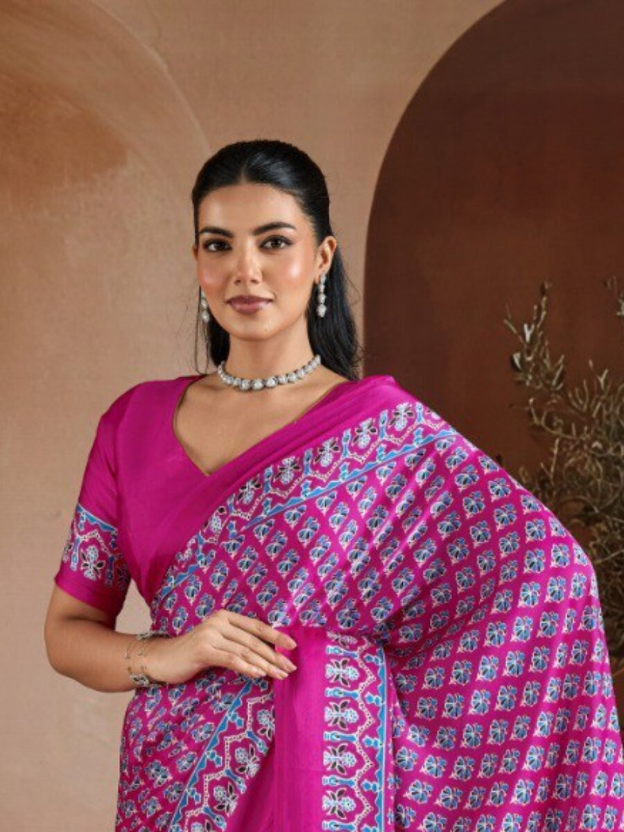 Rani Pink Soft Satin Georgette Printed Wedding Reception Party Festival Casual Heavy Border Sarees