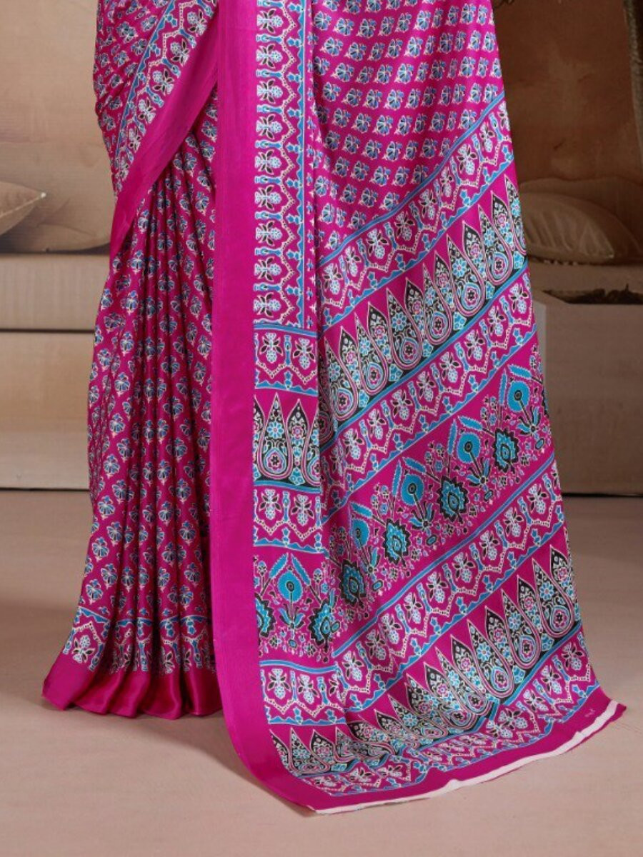 Rani Pink Soft Satin Georgette Printed Wedding Reception Party Festival Casual Heavy Border Sarees