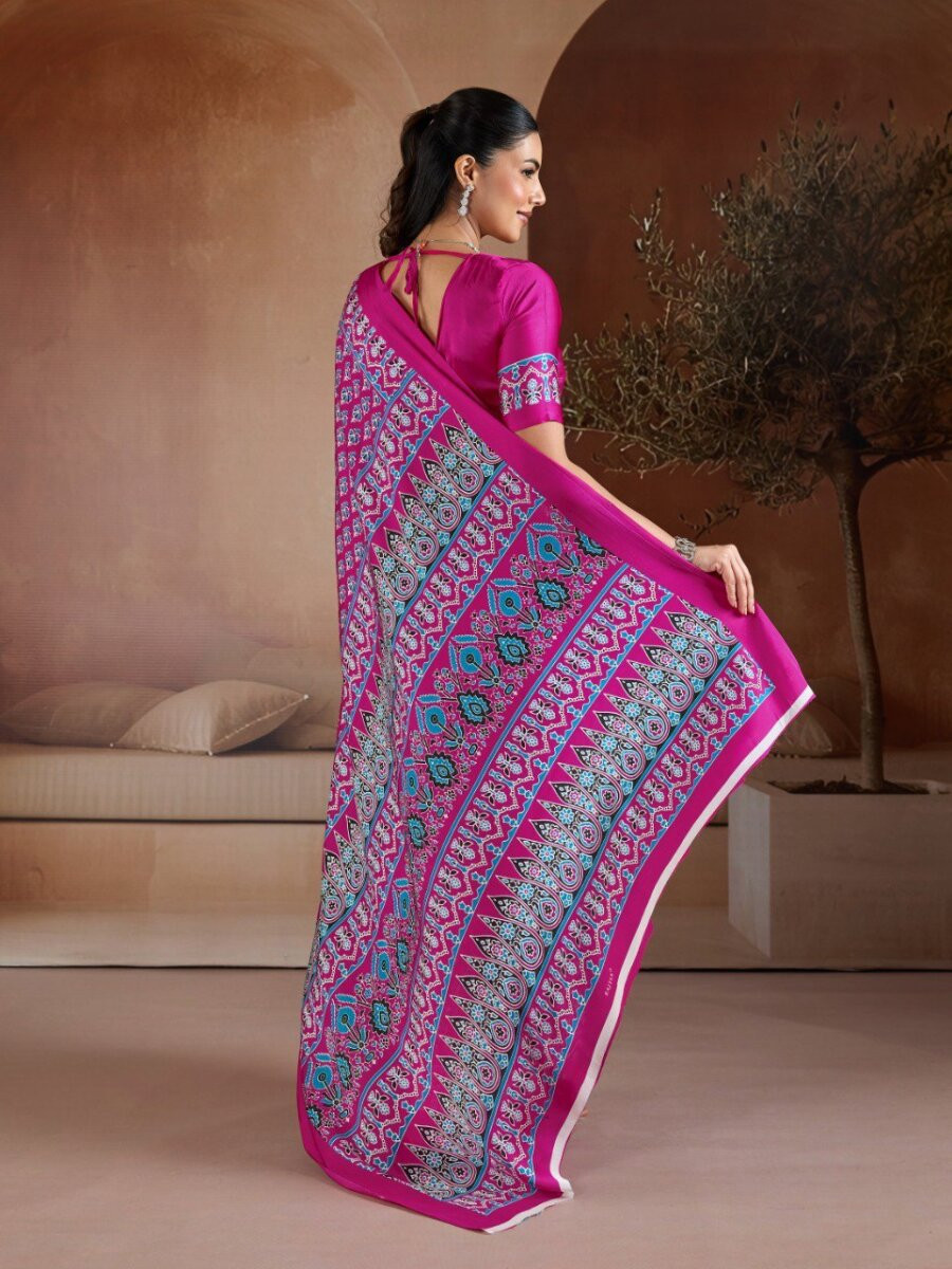 Rani Pink Soft Satin Georgette Printed Wedding Reception Party Festival Casual Heavy Border Sarees