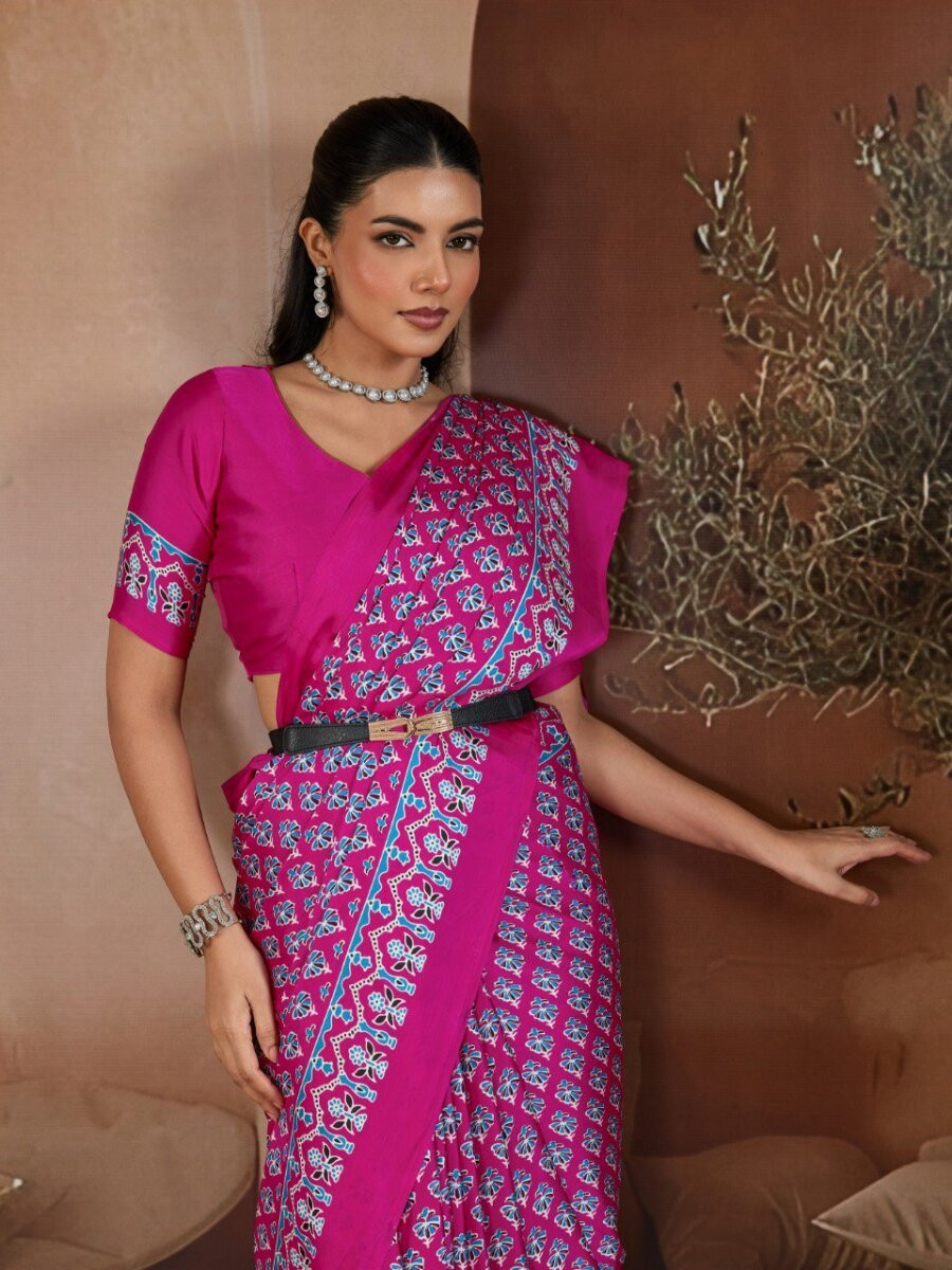 Rani Pink Soft Satin Georgette Printed Wedding Reception Party Festival Casual Heavy Border Sarees