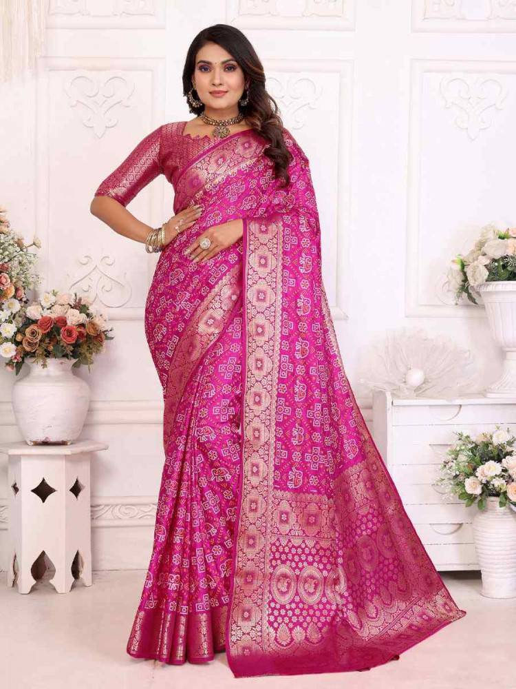 Image of Rani Pink Soft Satin Silk Handwoven Festival Wedding Fancy Heavy Border Saree